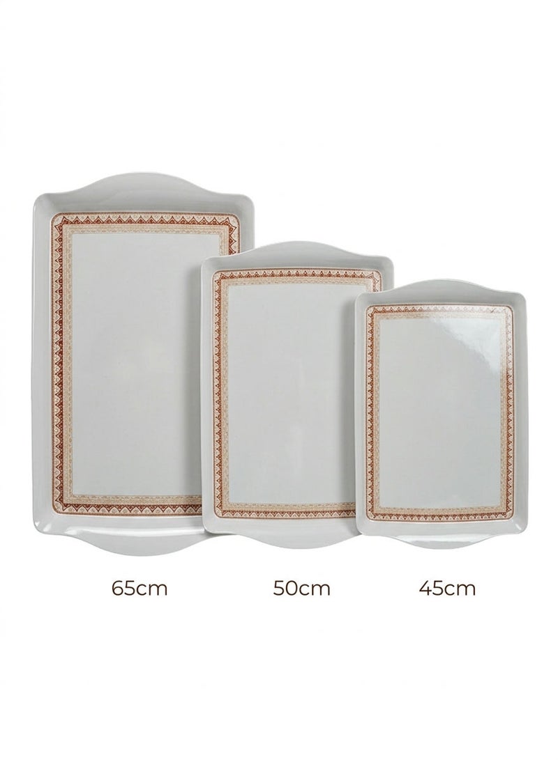 Trust 3-Piece Melamine Rectangular Serving Tray Set White with brown patterned border, Small Size 45cm, Medium Size 50cm, Large Size 65cm - Image 2