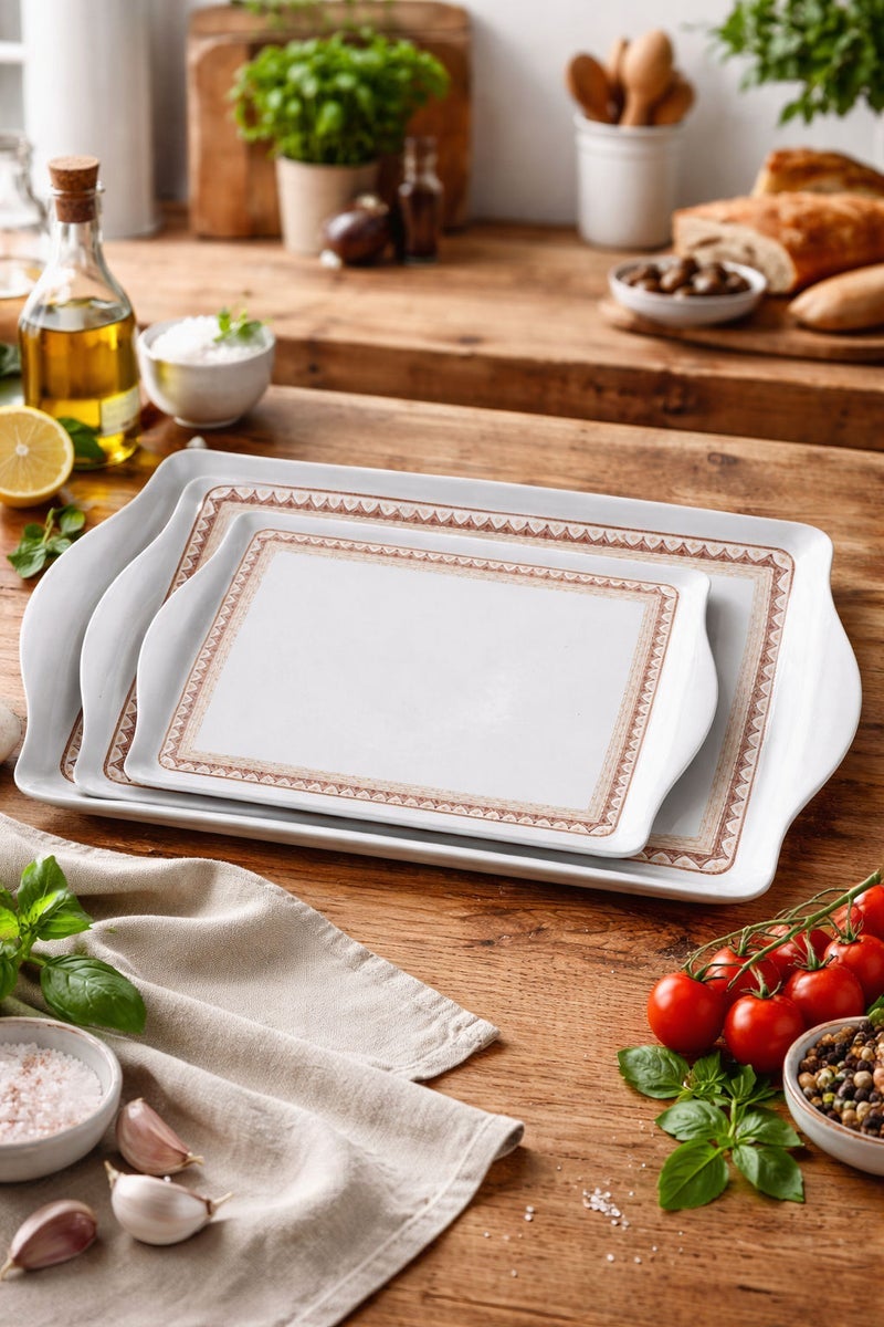 Trust 3-Piece Melamine Rectangular Serving Tray Set White with brown patterned border, Small Size 45cm, Medium Size 50cm, Large Size 65cm - Image 1