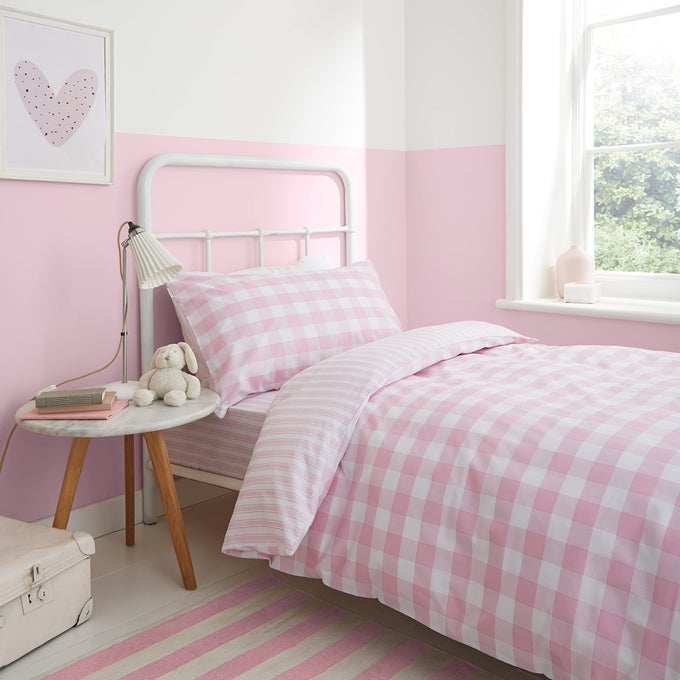 CHECK AND STRIPE COTTON REVERSIBLE SINGLE DUVET COVER SET WITH PILLOWCASE PINK