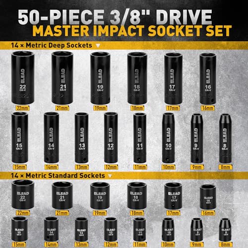 ELEAD 3/8'' Drive Impact Socket Set - 50-Piece Shallow & Deep Socket Set Metric and Standard Full with Universal Joint, Extension Bar, 1/2 to 3/8 Reducer, Hex Shank Socket Adapter, Ratchet Handle - Image 2