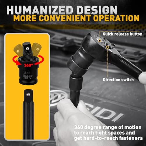 ELEAD 3/8'' Drive Impact Socket Set - 50-Piece Shallow & Deep Socket Set Metric and Standard Full with Universal Joint, Extension Bar, 1/2 to 3/8 Reducer, Hex Shank Socket Adapter, Ratchet Handle - Image 5