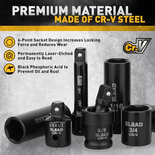 ELEAD 3/8'' Drive Impact Socket Set - 50-Piece Shallow & Deep Socket Set Metric and Standard Full with Universal Joint, Extension Bar, 1/2 to 3/8 Reducer, Hex Shank Socket Adapter, Ratchet Handle - Image 4