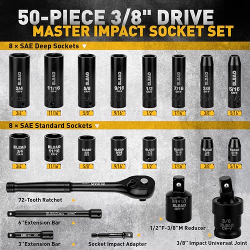ELEAD 3/8'' Drive Impact Socket Set - 50-Piece Shallow & Deep Socket Set Metric and Standard Full with Universal Joint, Extension Bar, 1/2 to 3/8 Reducer, Hex Shank Socket Adapter, Ratchet Handle - Image 3