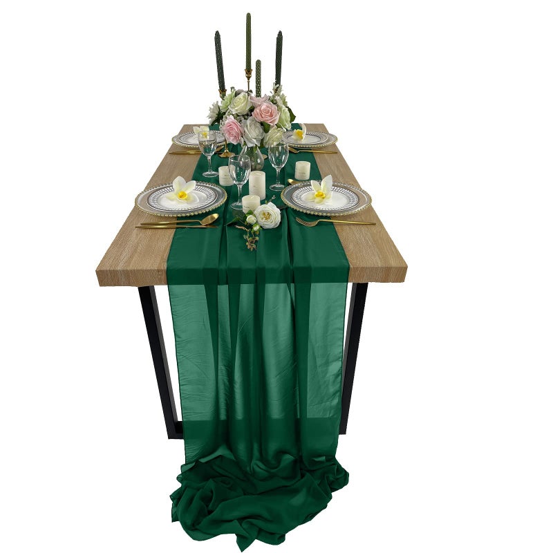 EHLDekol EHLDekol 10ft Chiffon Table Runners 27x120 inches Romantic Sheer Wedding Table Runner Top Table Bridal Party Decoration Emerald Green10ft 