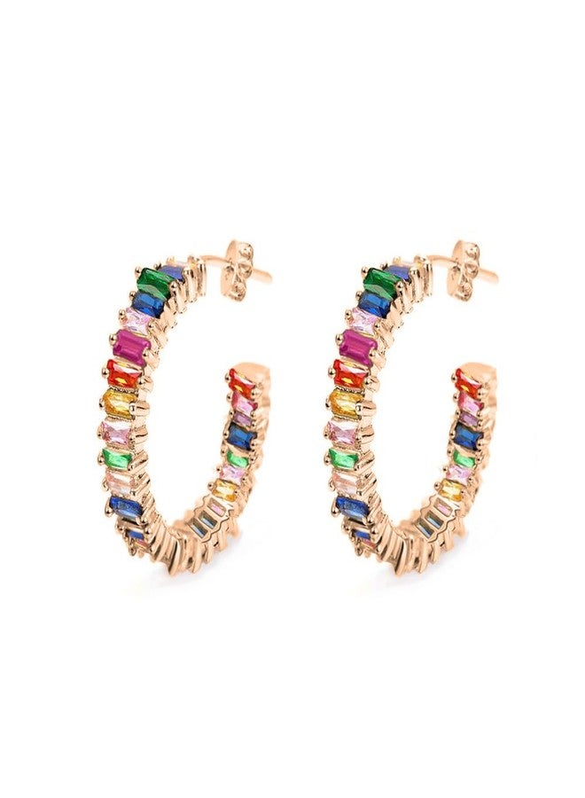 Savlano 14K Gold Plated Cubic Zirconia Multicolor Rainbow Round Hoop Stud Earrings for Women Comes with a Gift Box - Image 3