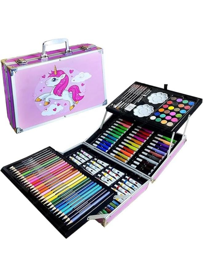 Shuban Deluxe Art Set Box & Drawing Kit with Crayons, Oil Pastels, Colored Pencil Deluxe Gift Art (145 Pcs Art Set-Pink)
