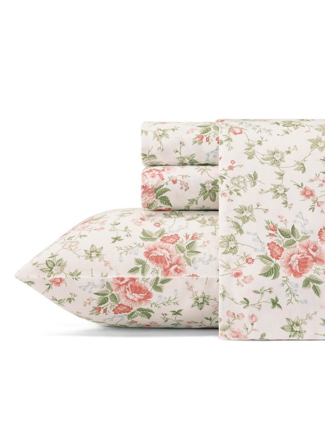 LAURA ASHLEY Laura Ashley Lilian Cotton Sateen Sheet Set, Queen, Lt/Pastel Red  - Image 1