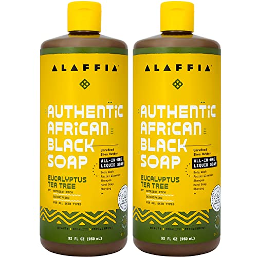 Alaffia Authentic African Black Soap, Eucalyptus Tea Tree, 2-Pack â€“ All-in-One Moisturizing Cleanser for Face, Hands, Body & Hair, 32 Oz Ea - Image 1