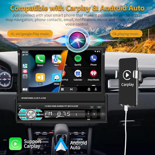 Podofo راديو سيارة بودوفو بنظام كار بلاي وحجم دين واحد مع كاميرا خلفية AHD، شاشة تعمل باللمس بحجم 7 إنش قابلة للطي، مشغل MP5 يدعم أندرويد أوتو، مرآة رابط، USB، TF، راديو FM، AUX، تحكم عبر عجلة القيادة - Image 2