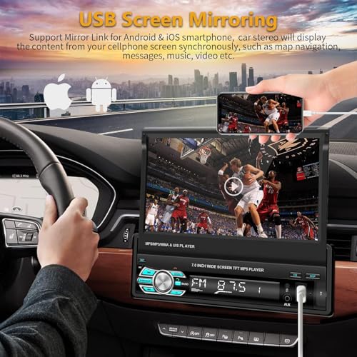 Podofo راديو سيارة بودوفو بنظام كار بلاي وحجم دين واحد مع كاميرا خلفية AHD، شاشة تعمل باللمس بحجم 7 إنش قابلة للطي، مشغل MP5 يدعم أندرويد أوتو، مرآة رابط، USB، TF، راديو FM، AUX، تحكم عبر عجلة القيادة - Image 3