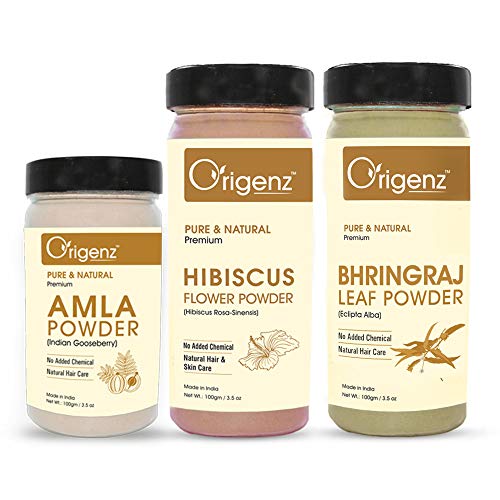 Origenz Natural Hair Care 3 Powders Combo 300 gm - Amla Hibiscus Bhringraj Powder for Pack, Wash, Mask, Shampoo, Anti-Dandruff, Cleanser | In Jar (100gm X 3) - Image 1