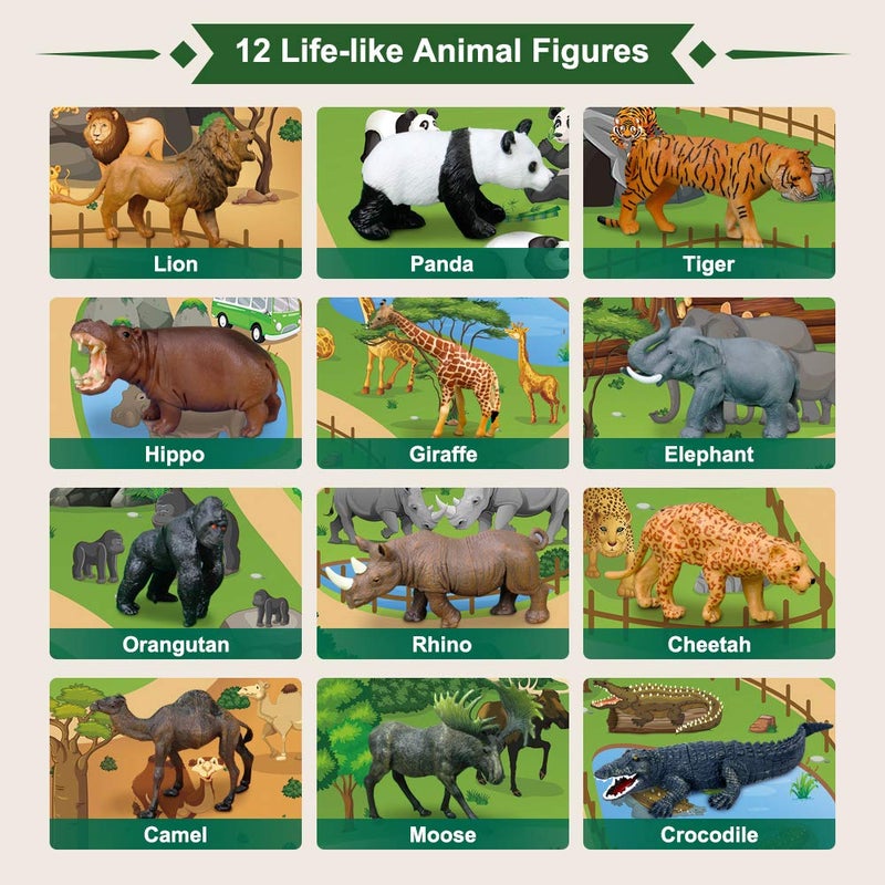 Mini Tudou 12 Pcs Safari Animals Figures Toys w/ 57x38.6â€™â€™ Large Activity Play Mat, Realistic Jumbo Jungle Wild Zoo Animals Figurines Playset w/Elephant, Giraffe, Lion for Kids Boys - Image 3