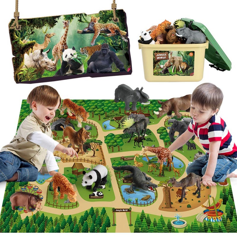 Mini Tudou 12 Pcs Safari Animals Figures Toys w/ 57x38.6â€™â€™ Large Activity Play Mat, Realistic Jumbo Jungle Wild Zoo Animals Figurines Playset w/Elephant, Giraffe, Lion for Kids Boys - Image 1