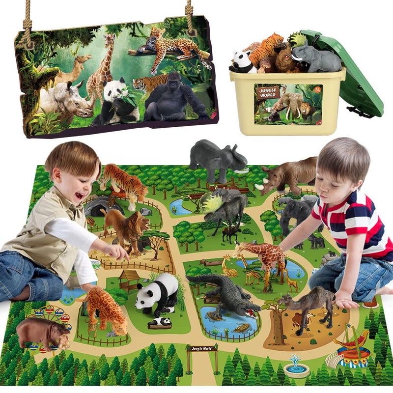 Mini Tudou 12 Pcs Safari Animals Figures Toys w/ 57x38.6â€™â€™ Large Activity Play Mat, Realistic Jumbo Jungle Wild Zoo Animals Figurines Playset w/Elephant, Giraffe, Lion for Kids Boys - Image 2