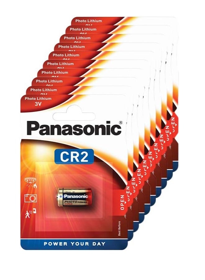 Panasonic CR2 cylindrical lithium battery for high power-consuming lightweight appliances such as smoke alarms, intruder alarm systems, head lamps, cameras, 3V, 10 packs (10 batteries) - Image 1