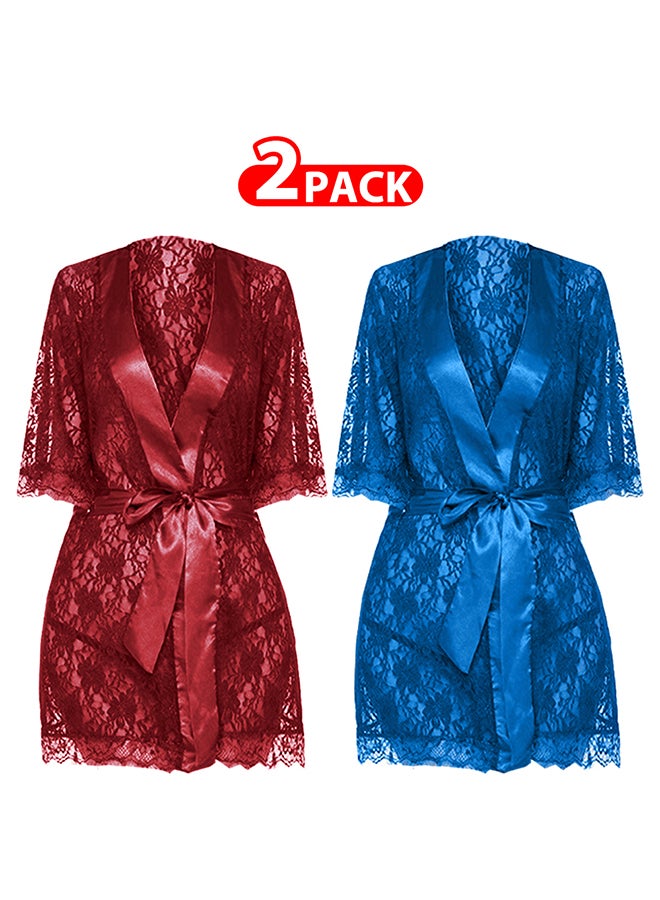 MARGOUN 2 Pack Womens Large Size Robes Babydoll Robe Transparent Lace Deep V-Neck Short Lingerie Sleepwear Soft Kimono Bathrobe Dressing Gown Nightwear /L(bust 88-92/waist 72-76/hip 96-100) - Image 1