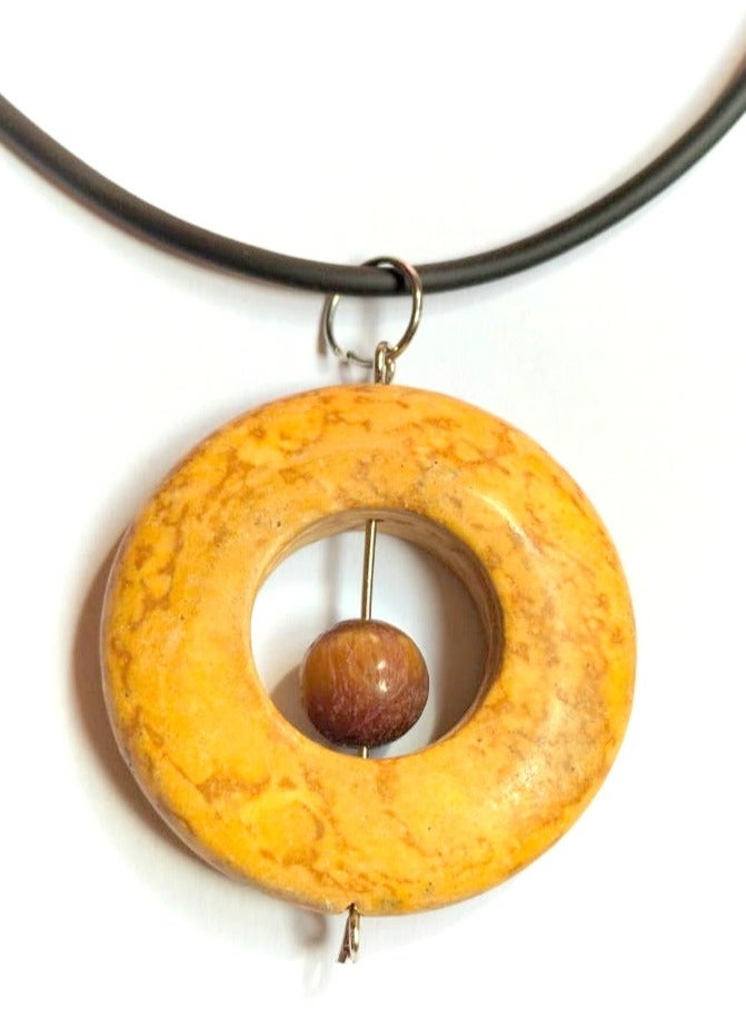 Boho Pendant Necklace for Men & Women, Handmade, Healing, Hand Carved round wood style, natural stone Boho Jewelry, Bohemian Necklace - Image 1