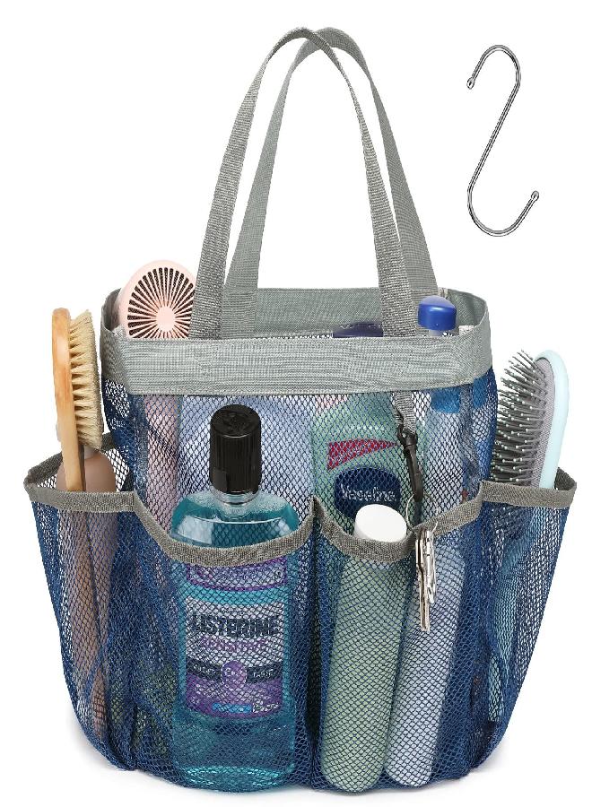 F-color Mesh Shower Caddy Portable - Navy Blue, Upgrade Deeper 7 Pockets Shower Bag Basket Tote for College Dorm Room Toiletry Bathroom Essentials Gym Camp Quick Dry 2 handles with S Hook