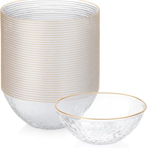 R-kay 100 Pack Hammered Gold Plastic Bowls Disposable Heavy Duty - 12 Oz Clear Plastic Bowls For Parties - Premium Clear Disposable Bowls for Hot Soup, Salads. - Image 1