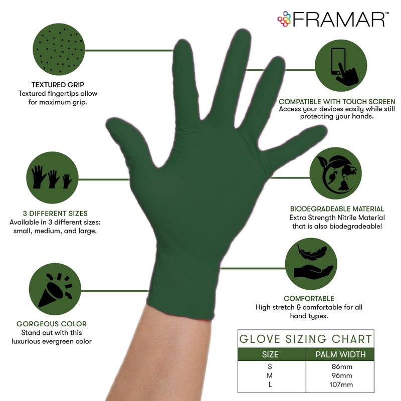 framar قفازات FRAMAR الخضراء القابلة للتصرف خالية من اللاتكس - قفازات نيتريل ثقيلة الوزن متوسطة، قابلة للتصرف لصبغ الشعر، قفاز طهي متوسط، قفاز نيتريل للتاتو، قفازات قابلة للتصرف، قابلة للتحلل - 100 - Image 2