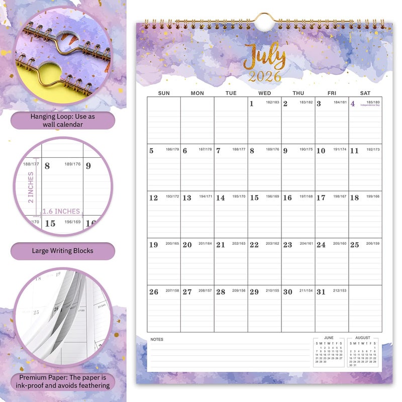 Indeme Calendar 2026-2027 - July 2026 - June 2027, Wall Calendar 2026-2027, 12" x 17", 18 Months Calendar, Twin-Wire Binding, Hanging Hook, Blocks and Julian Dates - Colorful Waterink - Image 3