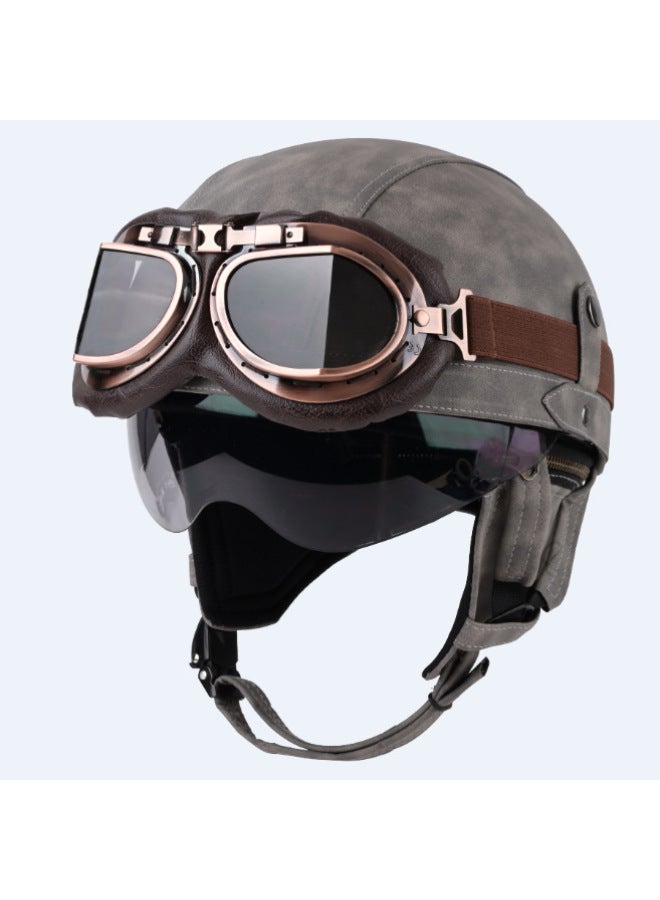 Gray Copper Frame Tea Mirror Four-season Retro Personalized Handmade Helmet Half Helmet Scooter Cruise Leather Helmet Prince King Battery Car