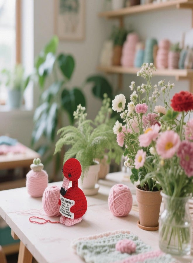 يودو فلامنجو كروشيه صغير إيجابي من يودو - فلامنجو مصنوع يدويًا مع بطاقة تحفيزية، هدية مثالية لحشو سلة عيد الفصح للنساء والرجال، وتقدير المعلمين، وأفكار هدايا التخرج وأعياد الميلاد. - Image 4