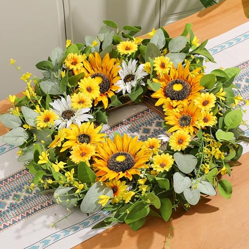 Vsonker 24" Sunflower Wreaths for Front Door, Greenery Summer Spring Front Door Wreath with Sunflowers and Eucalyptus for Indoor Outdoor Wall Window, Outside Floral Wreath Decor for Home Porch - Image 2