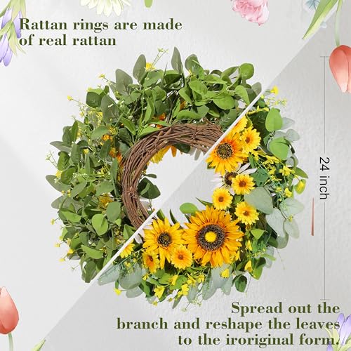 Vsonker 24" Sunflower Wreaths for Front Door, Greenery Summer Spring Front Door Wreath with Sunflowers and Eucalyptus for Indoor Outdoor Wall Window, Outside Floral Wreath Decor for Home Porch - Image 4