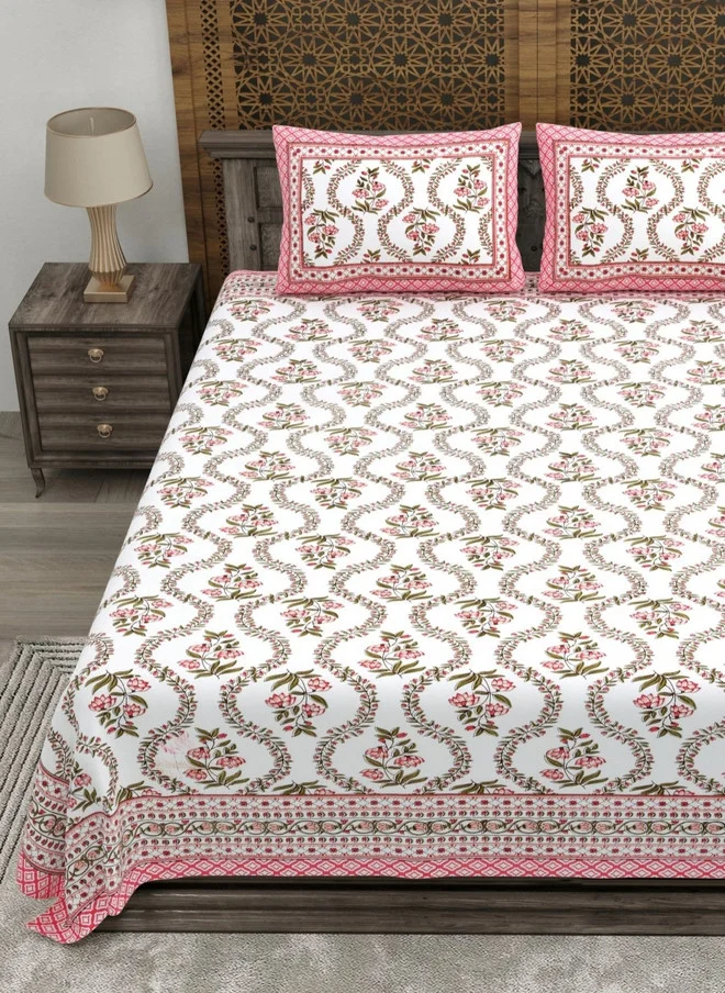 CLOTHOLOGY CLOTHOLOGY White Floral Printed Pure Cotton 180TC Double King Bedsheet Set with 2 Pillow Covers