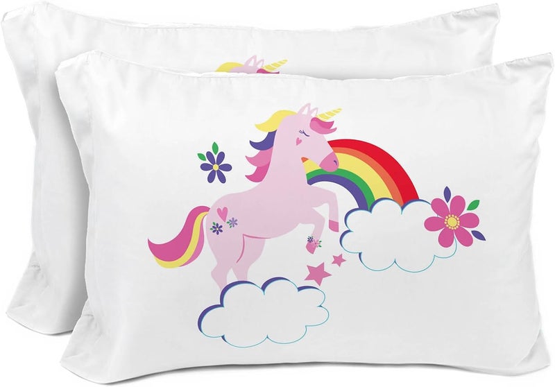 Sunny Side Up Rainbow Unicorns 2 Pack Reversible Pillowcases - Double Sided Pillow Covers, Kids Super Soft Floral Bedding - Image 1