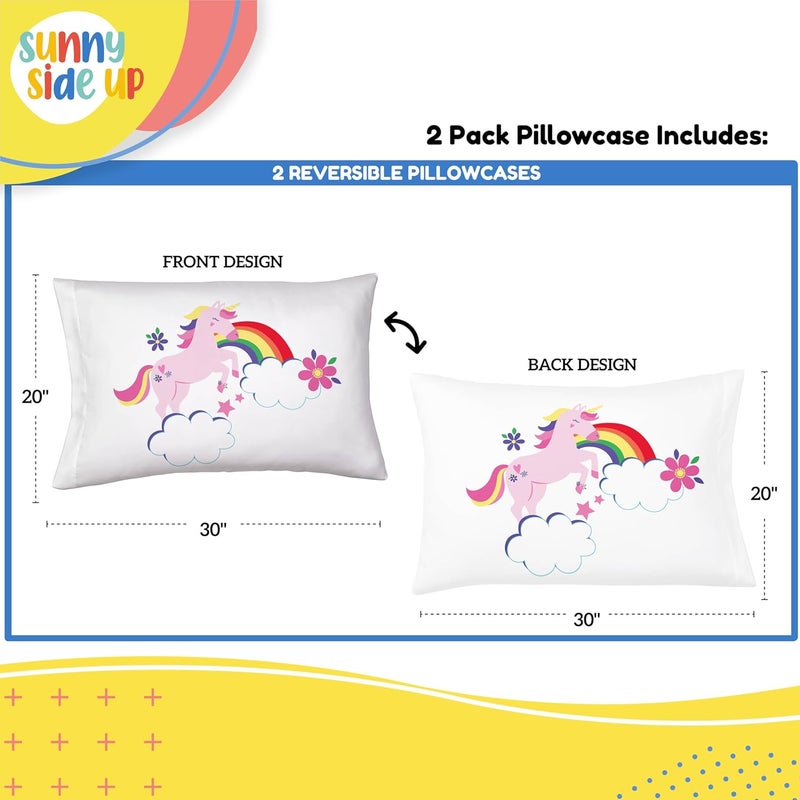 Sunny Side Up Rainbow Unicorns 2 Pack Reversible Pillowcases - Double Sided Pillow Covers, Kids Super Soft Floral Bedding - Image 3