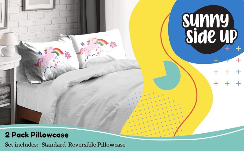 Sunny Side Up Rainbow Unicorns 2 Pack Reversible Pillowcases - Double Sided Pillow Covers, Kids Super Soft Floral Bedding - Image 2