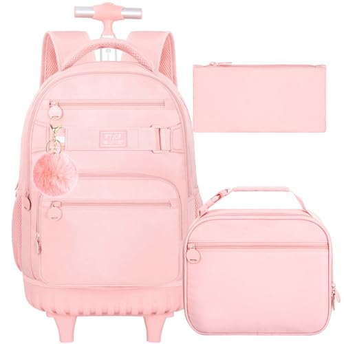 HPJGD 3PCS Rolling Backpack for Girls, Womens Purple School Backpacks with Wheels, Water Resistant Roller Kids Wheeled Bookbag Set - Image 1