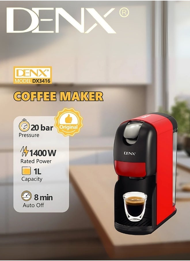 دينكس - ماكينة قهوة متعددة الكبسولات 3 في 1 من DENX موديل DX3416 – ضغط 20 بار، قدرة 1400 واط، سعة 1 لتر، إيقاف تلقائي، تحضير خلال دقيقة واحدة، متوافقة مع كبسولات متعددة - Image 1