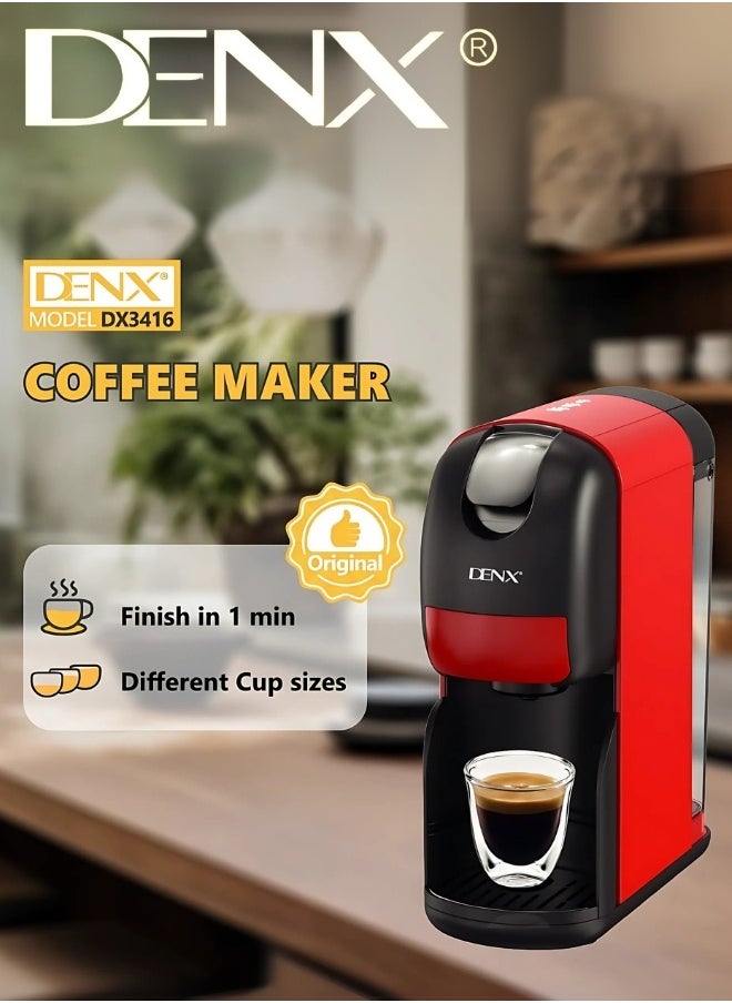دينكس - ماكينة قهوة متعددة الكبسولات 3 في 1 من DENX موديل DX3416 – ضغط 20 بار، قدرة 1400 واط، سعة 1 لتر، إيقاف تلقائي، تحضير خلال دقيقة واحدة، متوافقة مع كبسولات متعددة - Image 1