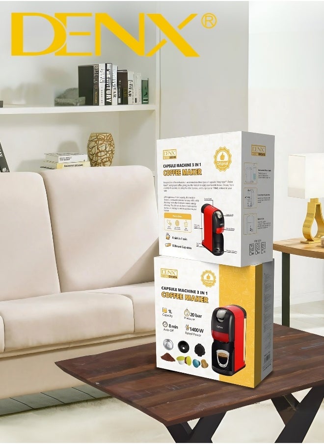 دينكس - ماكينة قهوة متعددة الكبسولات 3 في 1 من DENX موديل DX3416 – ضغط 20 بار، قدرة 1400 واط، سعة 1 لتر، إيقاف تلقائي، تحضير خلال دقيقة واحدة، متوافقة مع كبسولات متعددة - Image 1