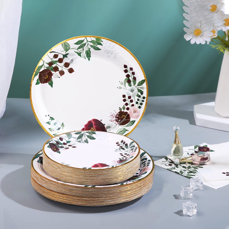 Gudvilla 200Pcs Floral Paper Plates and Napkins Party Supplies  Bridal Shower Plates  Wedding Paper Plates Serves 50 Burgundy Bridal Shower Decorations for Birthday Valentine's Day Easter Spring Party - Image 3
