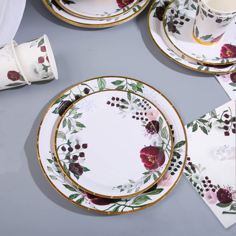 Gudvilla 200Pcs Floral Paper Plates and Napkins Party Supplies  Bridal Shower Plates  Wedding Paper Plates Serves 50 Burgundy Bridal Shower Decorations for Birthday Valentine's Day Easter Spring Party - Image 4