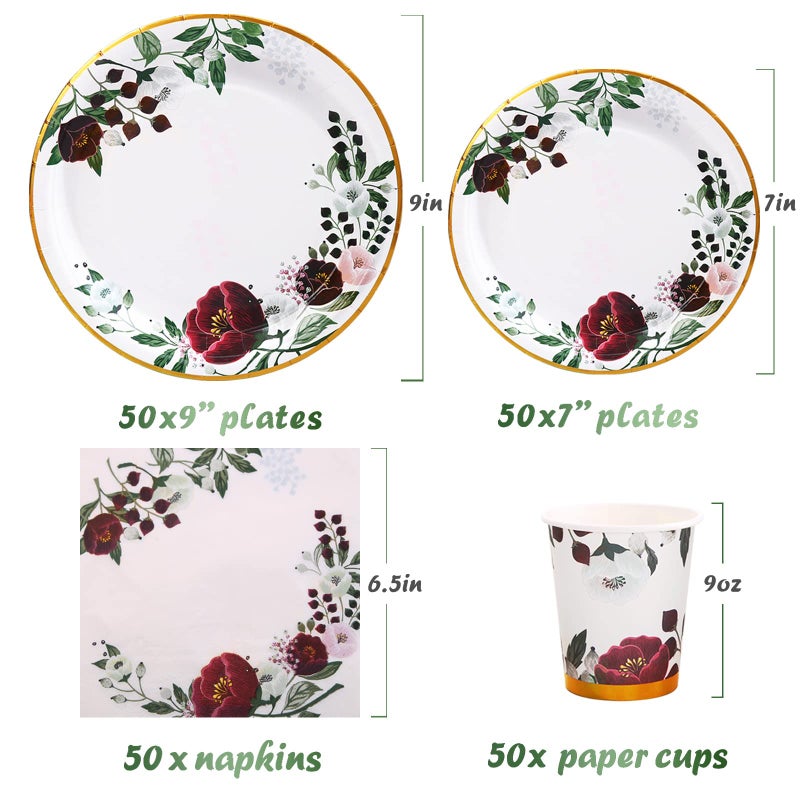Gudvilla 200Pcs Floral Paper Plates and Napkins Party Supplies  Bridal Shower Plates  Wedding Paper Plates Serves 50 Burgundy Bridal Shower Decorations for Birthday Valentine's Day Easter Spring Party - Image 2
