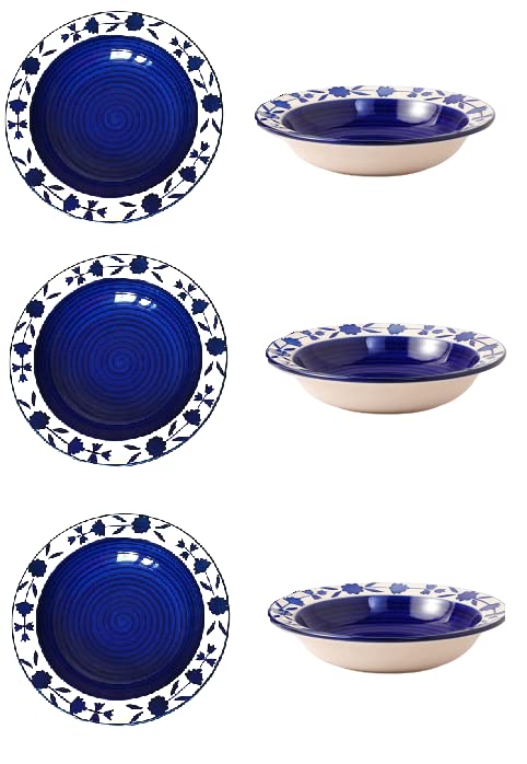 VolCraft Ceramic Hand-Painted Blue Floral Pasta Plate| Soup Plate | Snack Plate | Size 7 inch |Microwave Safe, Oven Safe |Set of 6 Plates - Image 1