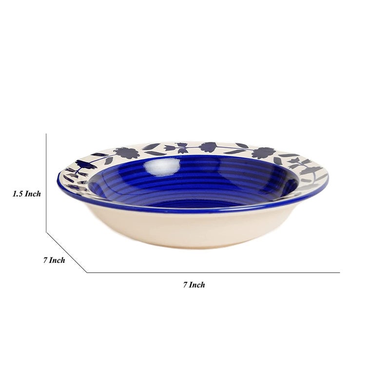 VolCraft Ceramic Hand-Painted Blue Floral Pasta Plate| Soup Plate | Snack Plate | Size 7 inch |Microwave Safe, Oven Safe |Set of 6 Plates - Image 2