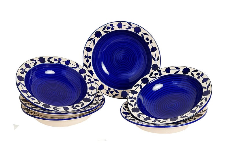 VolCraft Ceramic Hand-Painted Blue Floral Pasta Plate| Soup Plate | Snack Plate | Size 7 inch |Microwave Safe, Oven Safe |Set of 6 Plates - Image 4