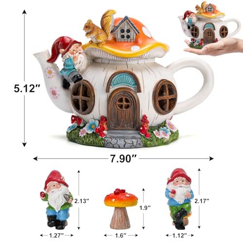 twinbling Solar Fairy Garden House Lights - Mushroom Teapot Gnome House Statue Set with 2 Mini Gnomes and 1 Mushroom Figurines, Outdoor Garden Decor, Gift for Gardeners and Moms (Set) - Image 2