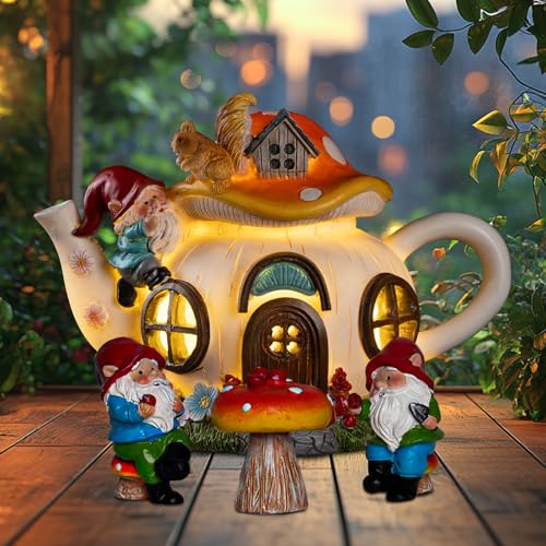 twinbling Solar Fairy Garden House Lights - Mushroom Teapot Gnome House Statue Set with 2 Mini Gnomes and 1 Mushroom Figurines, Outdoor Garden Decor, Gift for Gardeners and Moms (Set) - Image 1