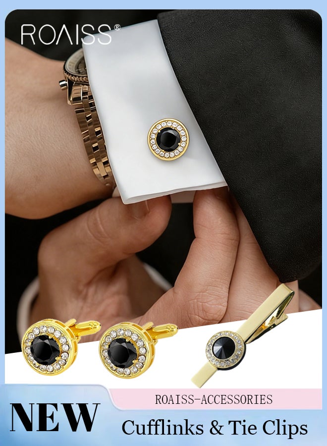 roaiss Men's Tie Clip and Cufflinks Set, Stylish Gold Rhinestone Formal Shirt Tie Clip, Simple Shining Cufflinks, Suitable for Men Daily Wear Enhancing Style and Elegance - Image 1