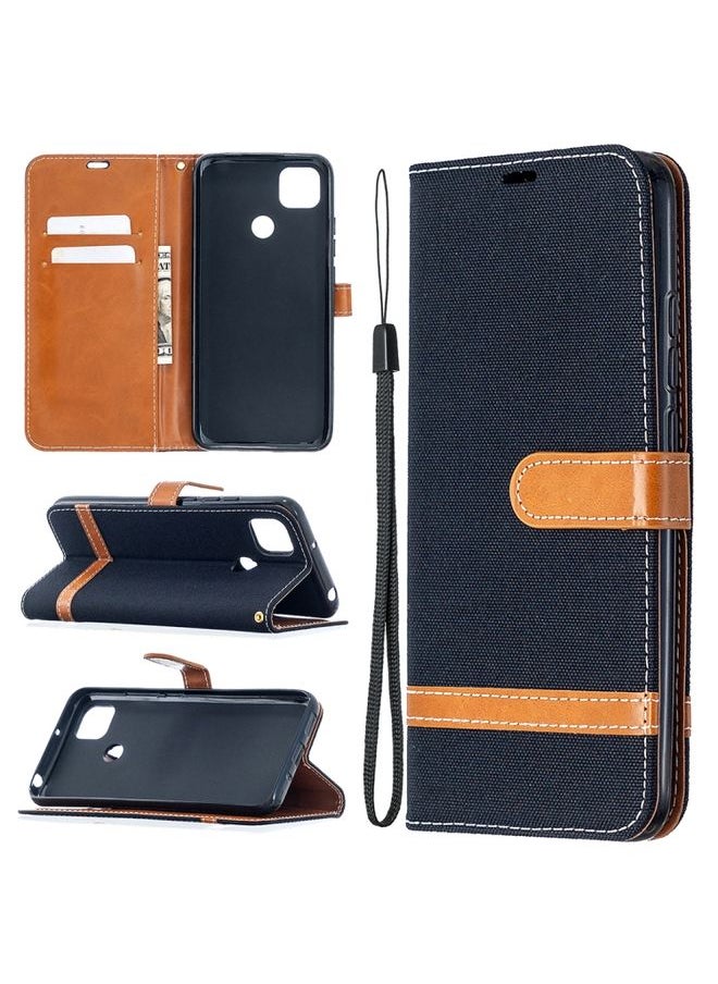 HuHa Case Cover For Xiaomi Redmi 9C Color Matching Denim Texture Horizontal Flip Leather Case with Holder & Card Slots & Wallet & Lanyard Black 