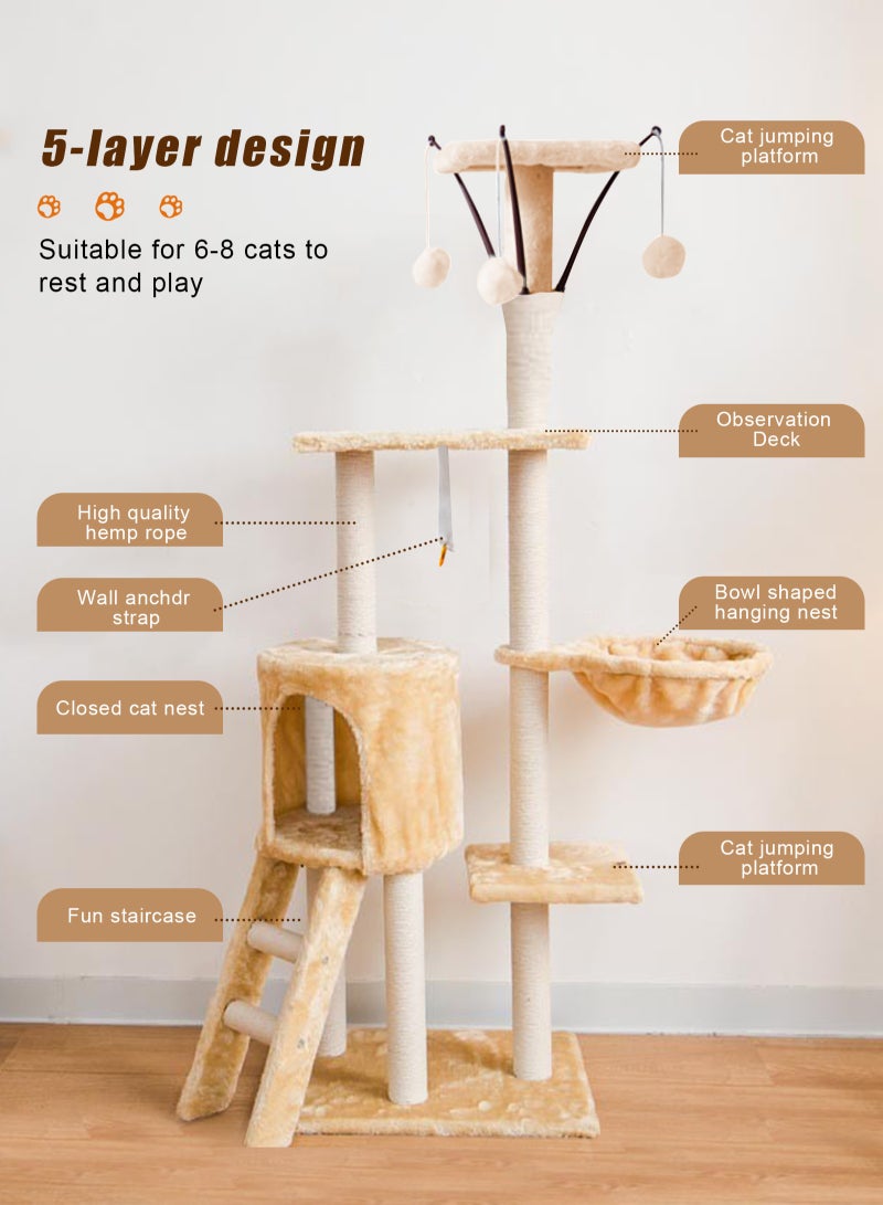 URbazaar Multi-Level Cat Tree Tower - Large Cat Condo with Space Capsule Nest, Sisal Covered Scratching Post, and Ladder for Indoor Cats (White/Black) - Image 4