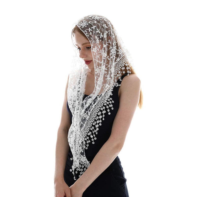 LMVERNA Cathedral Veil Triangle Shape Veil Fringe Lace for Mass Wedding Bridesmaids (White) - Image 2