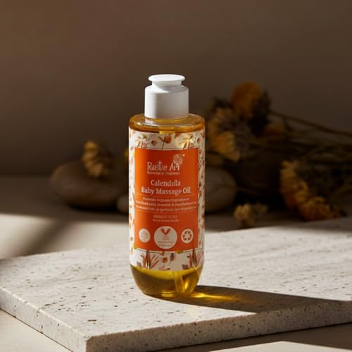 Rustic Art Organic Calendula Baby Massage Oil | New Born | Head to Toe | Almond, Seasame & Moringa Oil | Fragrance Free | 200 ml - Image 2